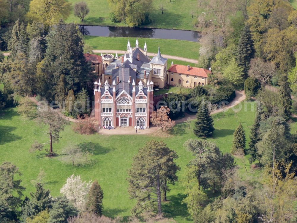 Oranienbaum-Wörlitz from the bird's eye view: Gothic House in Schoch's garden in Woerlitzer Park in Woerlitz in Saxony-Anhalt