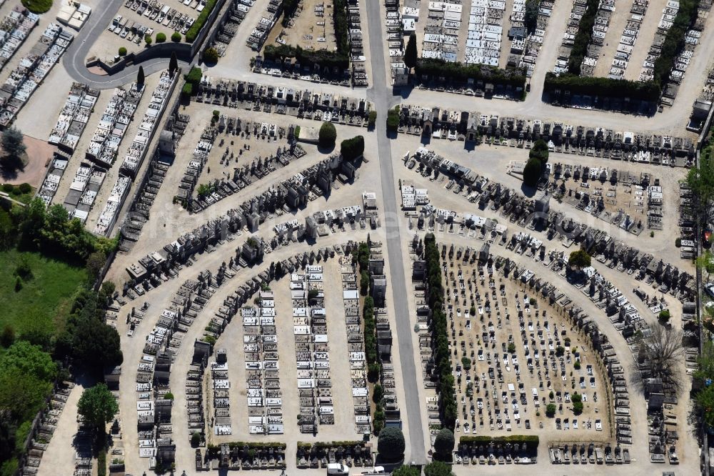 Apt from the bird's eye view: Grave rows on the grounds of the cemetery in Apt in Provence-Alpes-Cote d'Azur, France