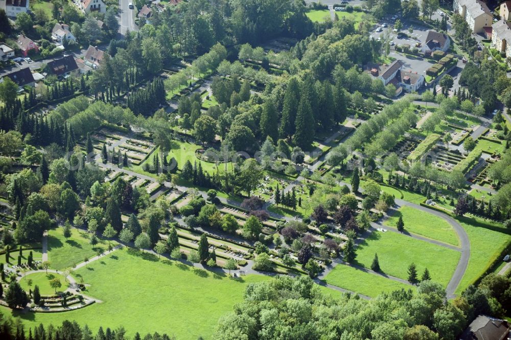 Bad Kissingen from the bird's eye view: Grave rows on the grounds of the cemetery in Bad Kissingen in the state Bavaria, Germany