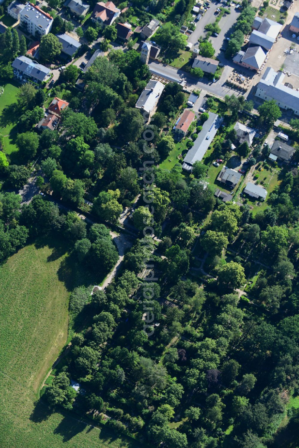 Potsdam from the bird's eye view: Grave rows on the grounds of the cemetery Bornstedter Friedhof on Ribbeckstrasse in the district Bornstedt in Potsdam in the state Brandenburg, Germany