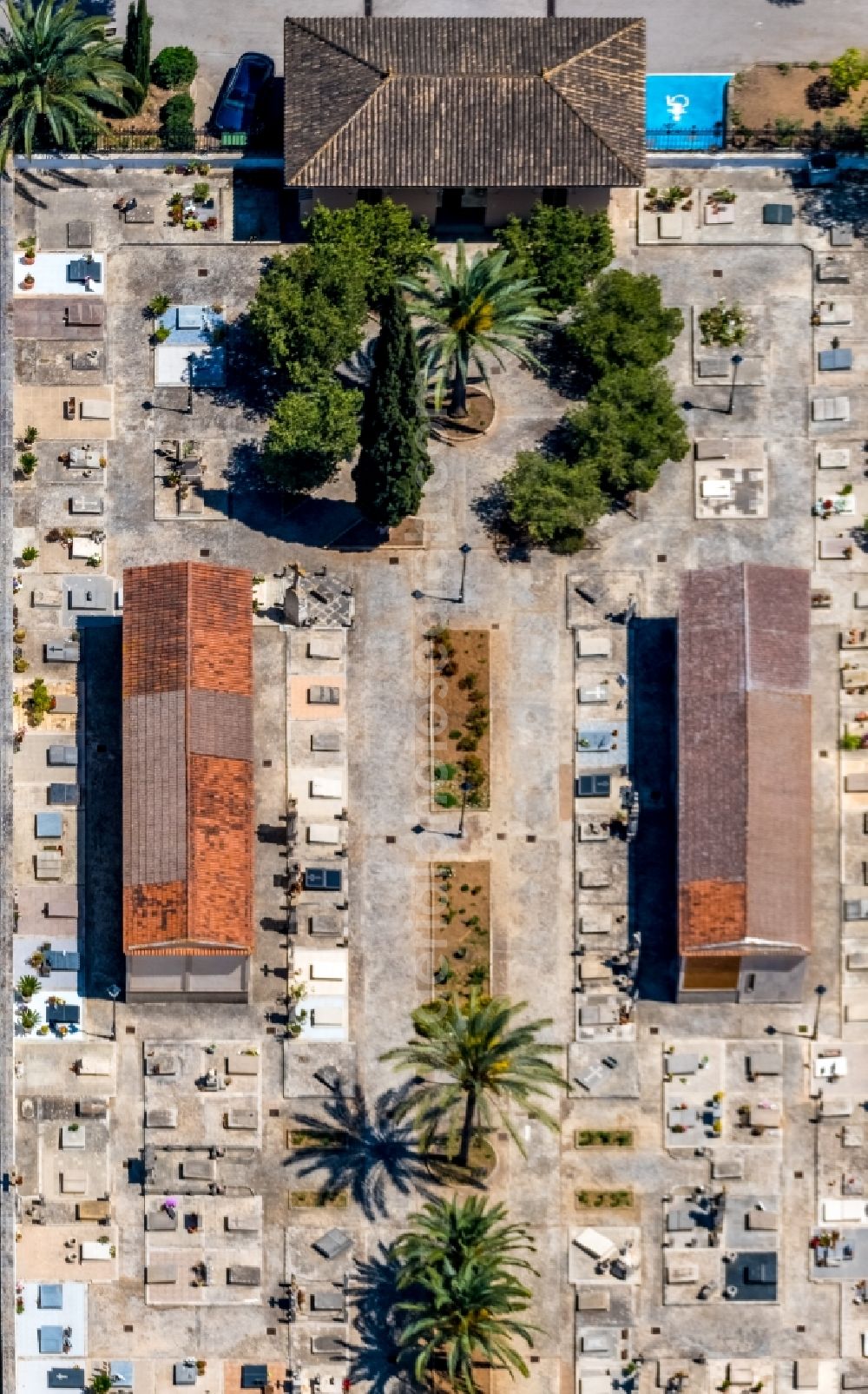 Aerial image Llubi - Grave rows on the grounds of the cemetery Cementeri de LlubA? in Llubi in Balearic island of Mallorca, Spain