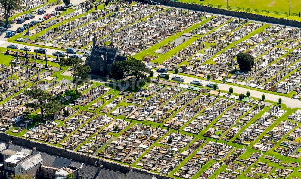 Galway from the bird's eye view: Grave rows on the grounds of the cemetery in Galway, Ireland