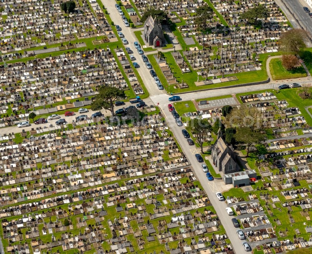 Galway from the bird's eye view: Grave rows on the grounds of the cemetery in Galway, Ireland