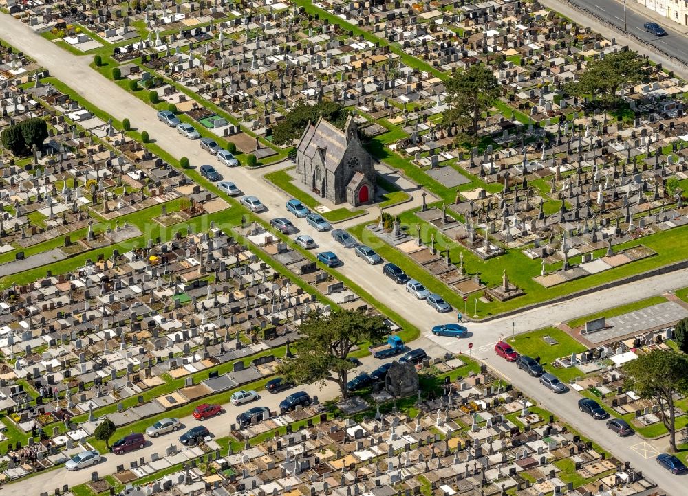 Aerial image Galway - Grave rows on the grounds of the cemetery in Galway, Ireland