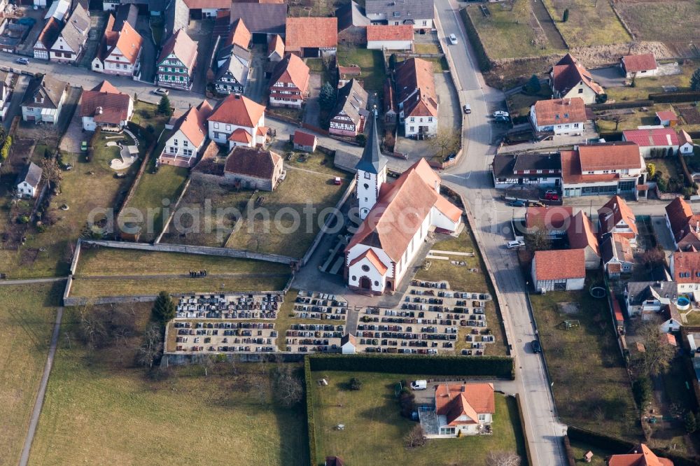 Aerial image Seebach - Grave rows on the grounds of the cemetery on the churh catholic Saint-Martin in Seebach in Grand Est, France