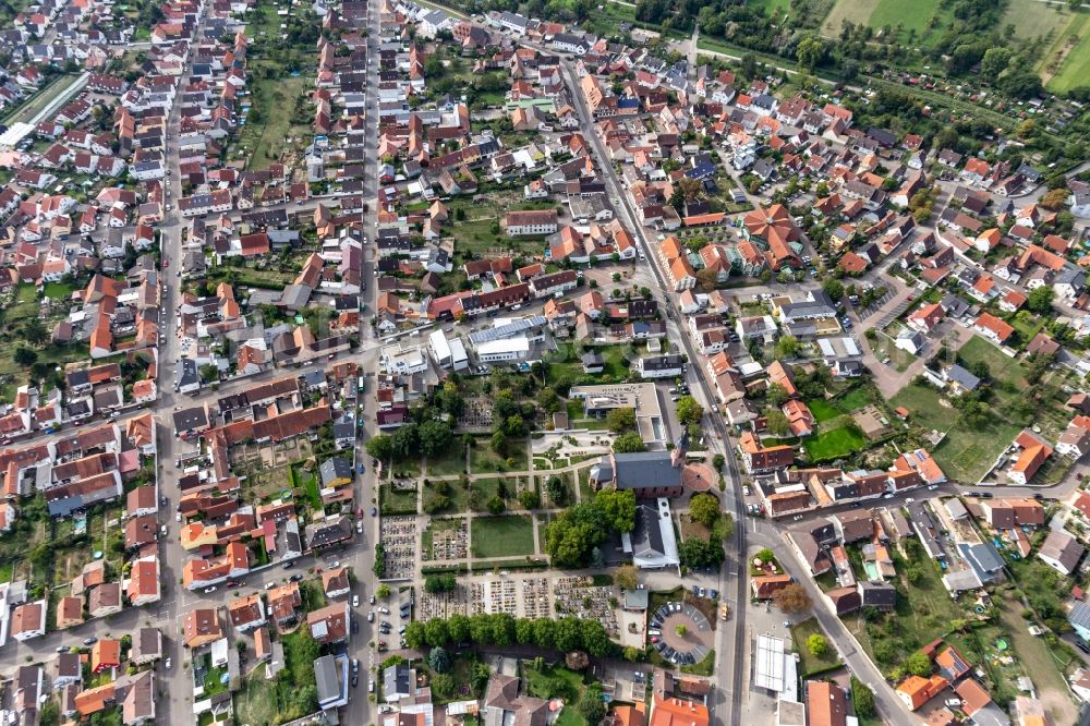 Linkenheim from above - Grave rows on the grounds of the cemetery of Ev. Kirche Linkenheim in Linkenheim in the state Baden-Wuerttemberg, Germany