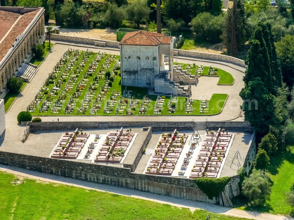 Lazise from above - Grave rows on the grounds of the cemetery in Lazise in Veneto, Italy