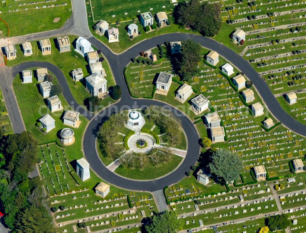 Aerial photograph San Francisco - Grave rows on the grounds of the cemetery Olivet Memorial Park on Hillside Boulevard, Daly Town in San Francisco in California, USA