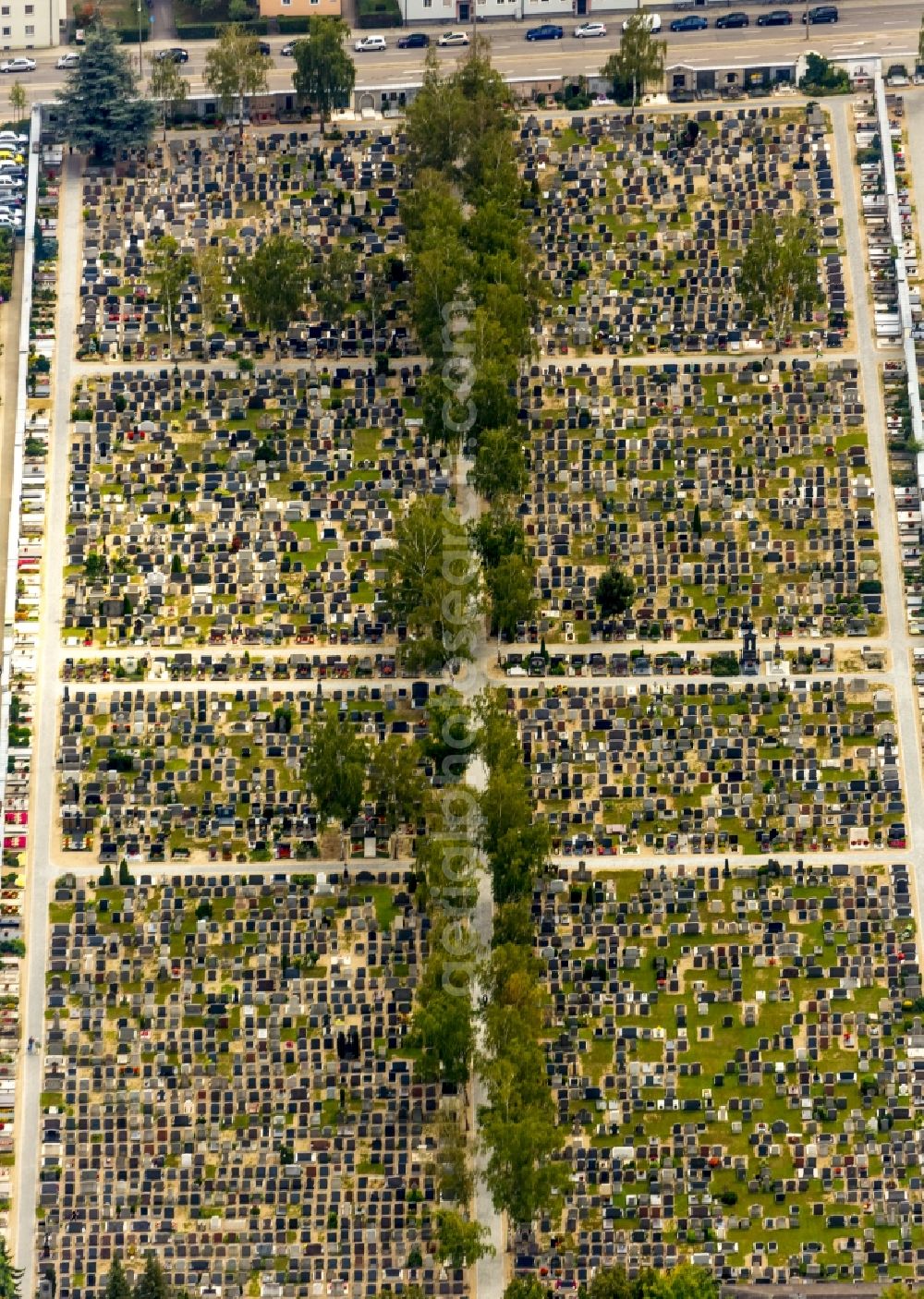 Regensburg from above - Grave rows on the grounds of the cemetery in Regensburg in the state Bavaria