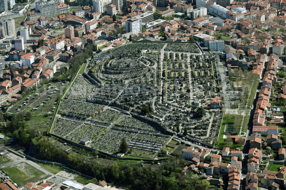 Saint-Etienne from above - Grave rows on the grounds of the cemetery in Saint-Etienne in Auvergne Rhone-Alpes, France