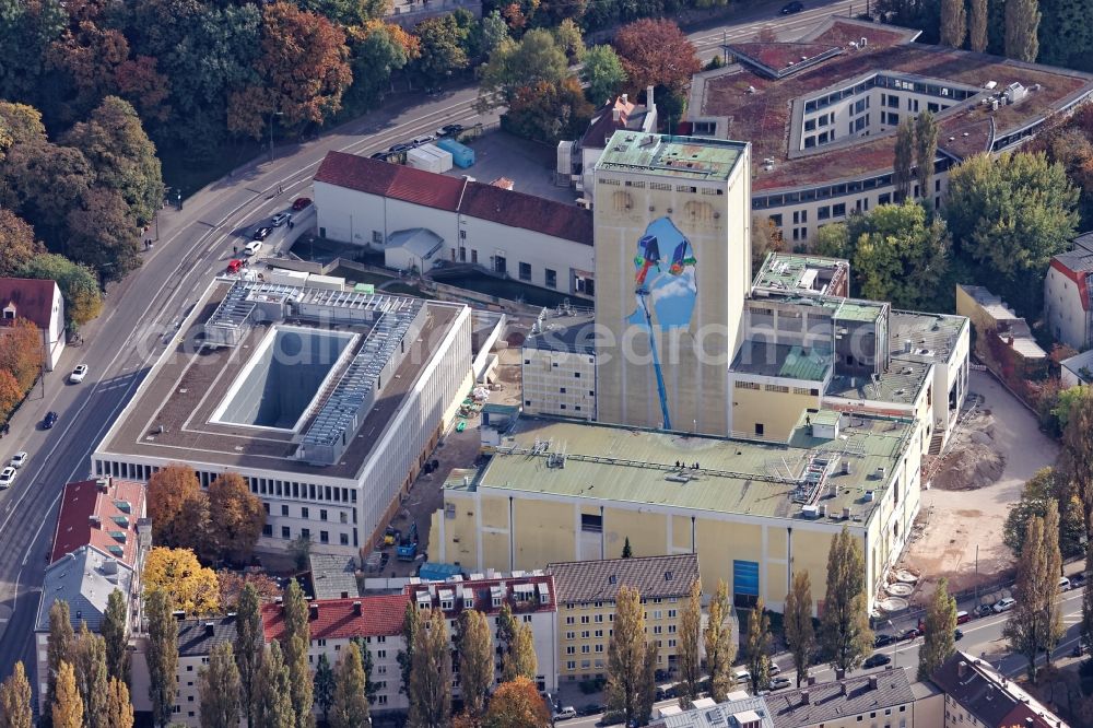 Aerial image München - Graffiti artist Loomit aka Mathias Koehler working on the malt silo of the former Paulaner brewery at the Nockherberg in Munich, Bavaria