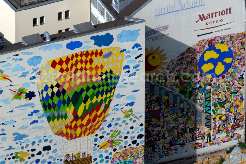 Aerial image Leipzig - Graffiti- artwork and large-area painting on a facade Leipzig Marriott Hotel in the district Zentrum in Leipzig in the state Saxony, Germany