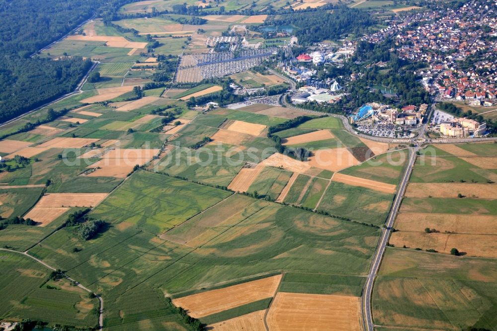 Aerial photograph Rust - Structures of a field landscape in Rust in the state Baden-Wuerttemberg, Germany. Still visible in the vegetation are the meander of the former and now drained river Rhine