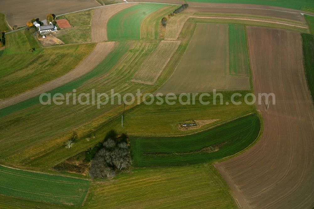 Aerial image Bledesbach - Structures of a field landscape in Bledesbach in the state Rhineland-Palatinate, Germany