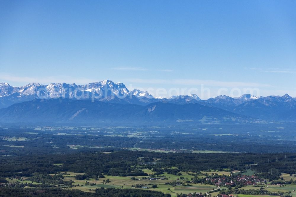 Grainau from above - Structures of a field landscape with Blick auf die Zugspitze and Alpen in Grainau in the state Bavaria, Germany