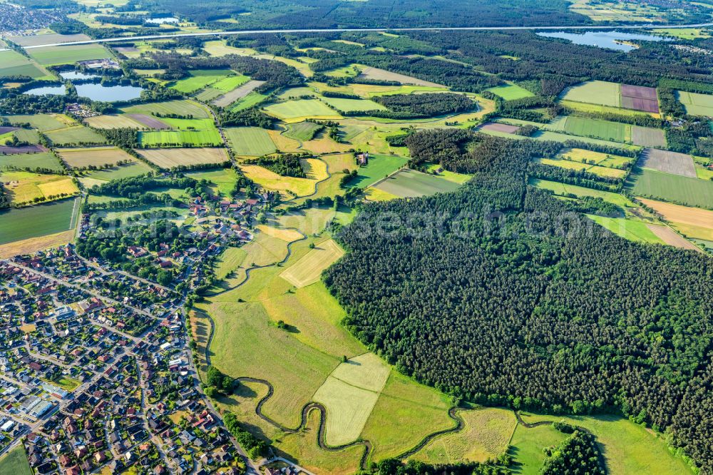 Dannenbüttel from above - Structures of a field landscape on street B188 in Dannenbuettel in the state Lower Saxony, Germany