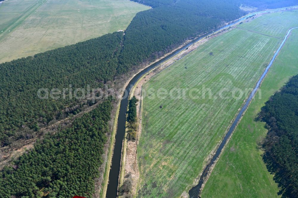 Blievenstorf from above - Grassy structures of a field and meadow landscape and culvert systems Wabeler Bach - Alte Elde in Blievenstorf in the state Mecklenburg - Western Pomerania, Germany