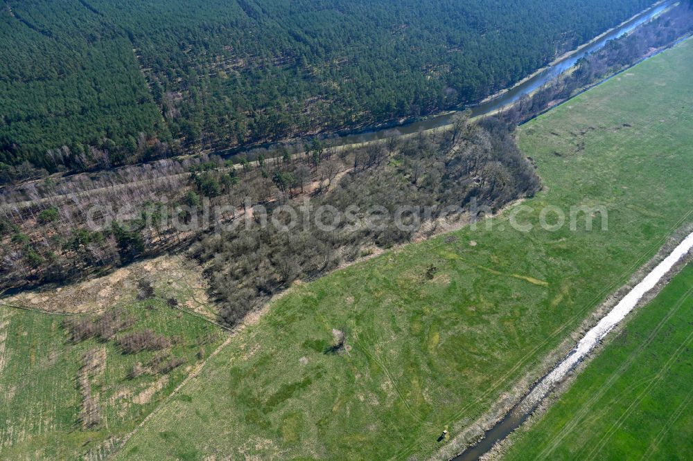 Blievenstorf from the bird's eye view: Grassy structures of a field and meadow landscape and culvert systems Wabeler Bach - Alte Elde in Blievenstorf in the state Mecklenburg - Western Pomerania, Germany