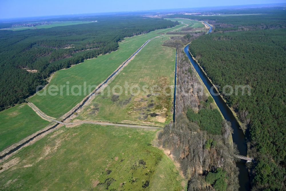 Blievenstorf from above - Grassy structures of a field and meadow landscape and culvert systems Wabeler Bach - Alte Elde in Blievenstorf in the state Mecklenburg - Western Pomerania, Germany