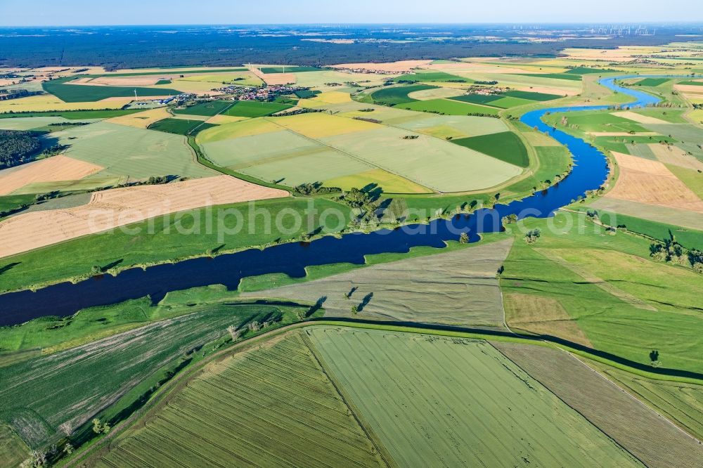 Elsnig from above - Structures of a field landscape on the Elbe river in Elsnig in the state Saxony, Germany