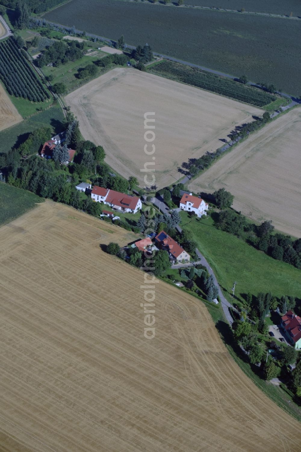 Scharfenberg from the bird's eye view: Structures of a field landscape along the street Zur Halben Huette with one family houses in Scharfenberg in the state Saxony