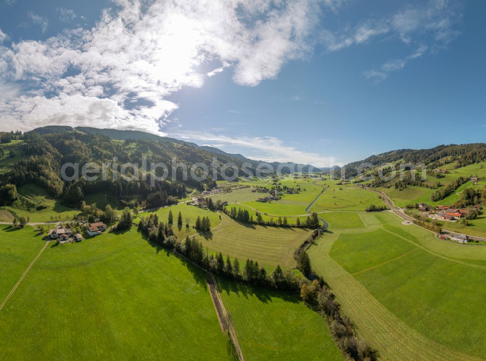 Oberstaufen from the bird's eye view: Structures of a field landscape Konstanzer Tal on street Konstanzer in Oberstaufen Allgaeu in the state Bavaria, Germany