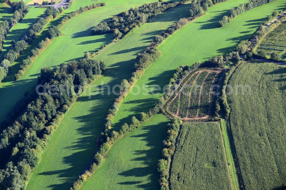 Bad Soden-Salmünster from above - Structures of a field landscape in Mernes in the state Hesse