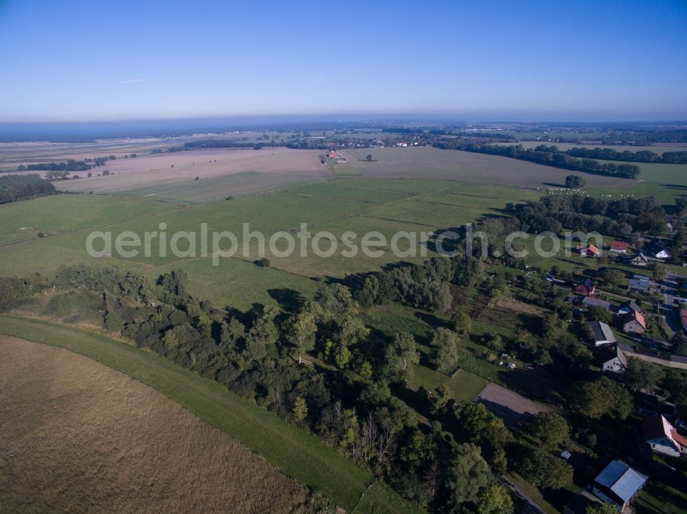 Aerial photograph Mölschow - Structures of a field landscape in Moelschow in the state Mecklenburg - Western Pomerania on Usedom in the viewing direction Trassenheide