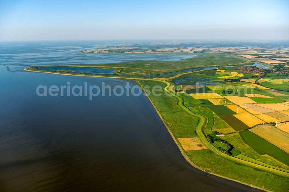 Aerial photograph Krummhörn - Structures of a field landscape at the North Sea coast in Krummhoern in the state Lower Saxony, Germany