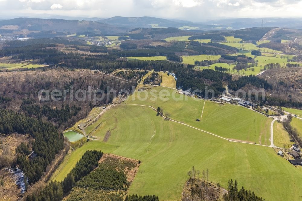 Olpe from above - Structures of a field landscape in Skigebiet Olpe-Fahlenscheid in Olpe at Sauerland in the state North Rhine-Westphalia, Germany