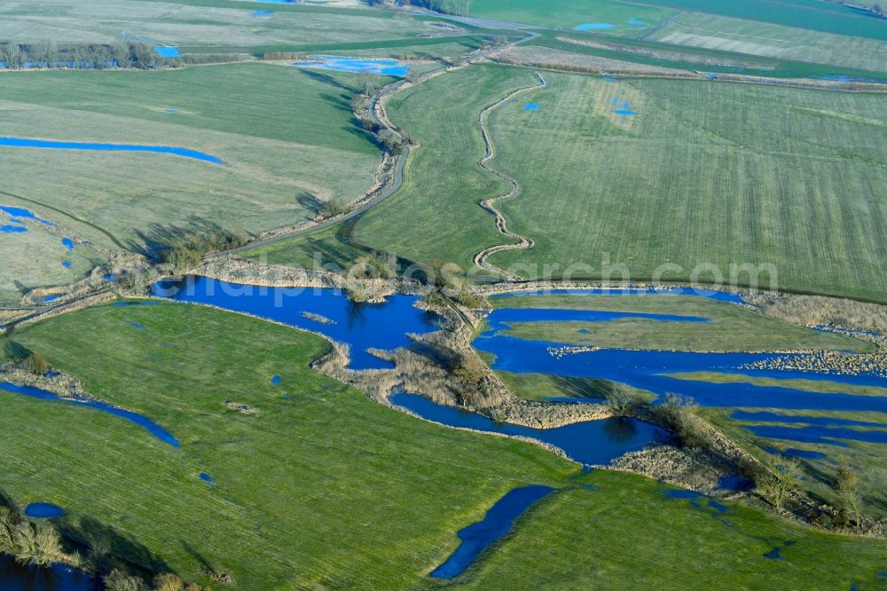 Tangermünde from above - Structures of a field landscape on the banks of the Elbe in Tangermuende in the state Saxony-Anhalt, Germany