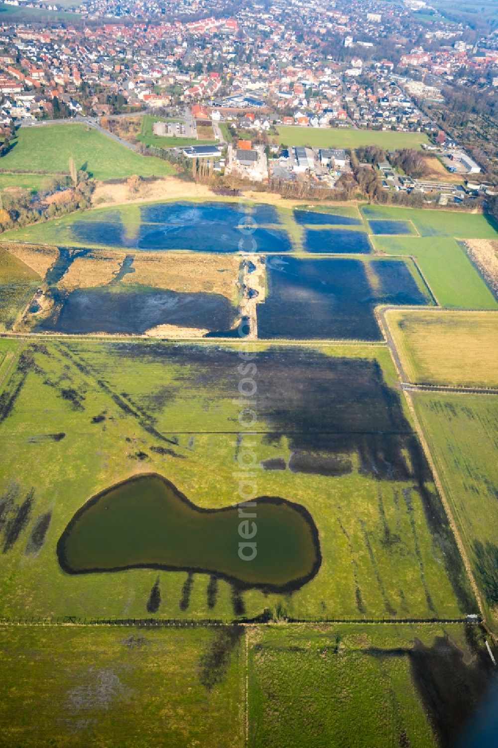 Aerial photograph Werne - Structures of a field landscape on river Lippe in Werne in the state North Rhine-Westphalia, Germany