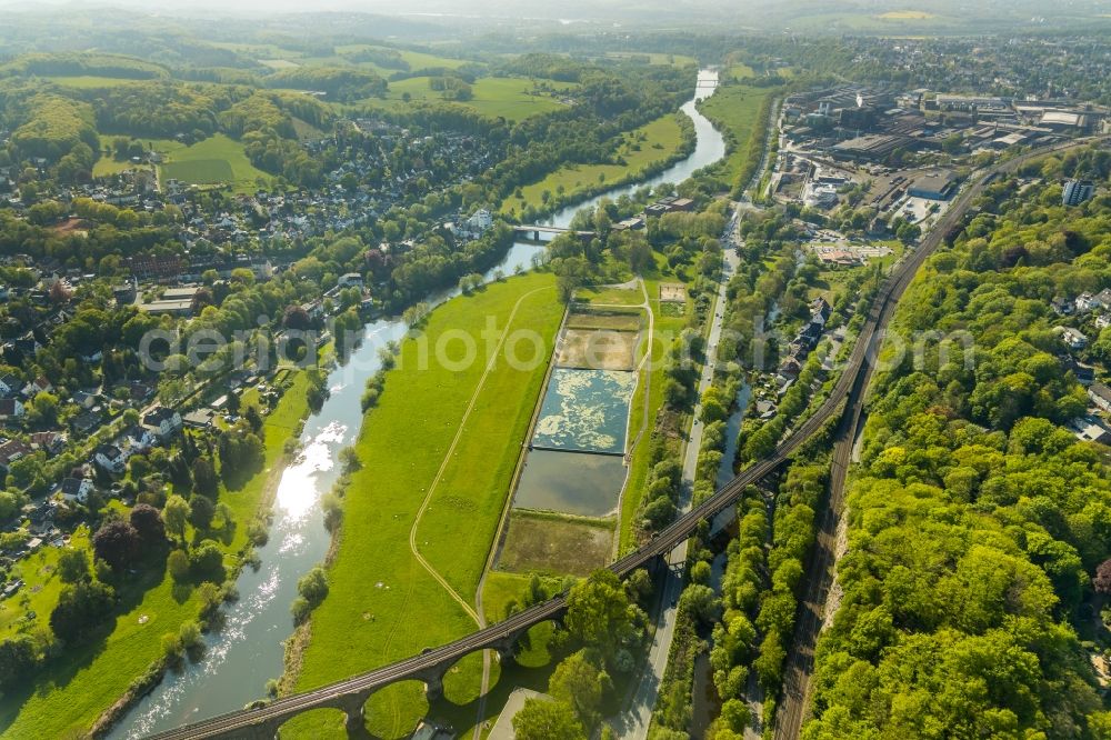 Witten from the bird's eye view: Structures of a field landscape on the banks of the Ruhr river course in Witten in the state North Rhine-Westphalia, Germany