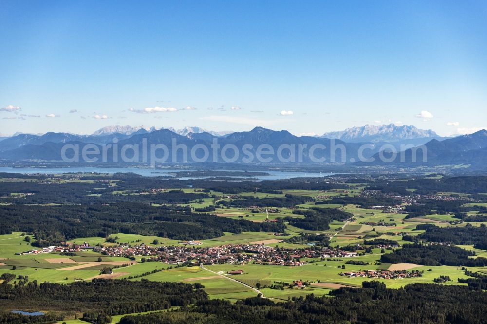 Halfing from above - Structures of a field landscape and Wald-Landschaft with Blick ueber den Chiemsee in die Alpen in Halfing in the state Bavaria, Germany