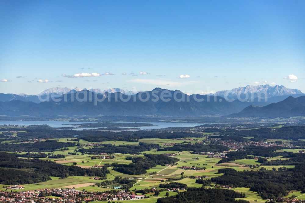 Aerial image Halfing - Structures of a field landscape and Wald-Landschaft with Blick ueber den Chiemsee in die Alpen in Halfing in the state Bavaria, Germany