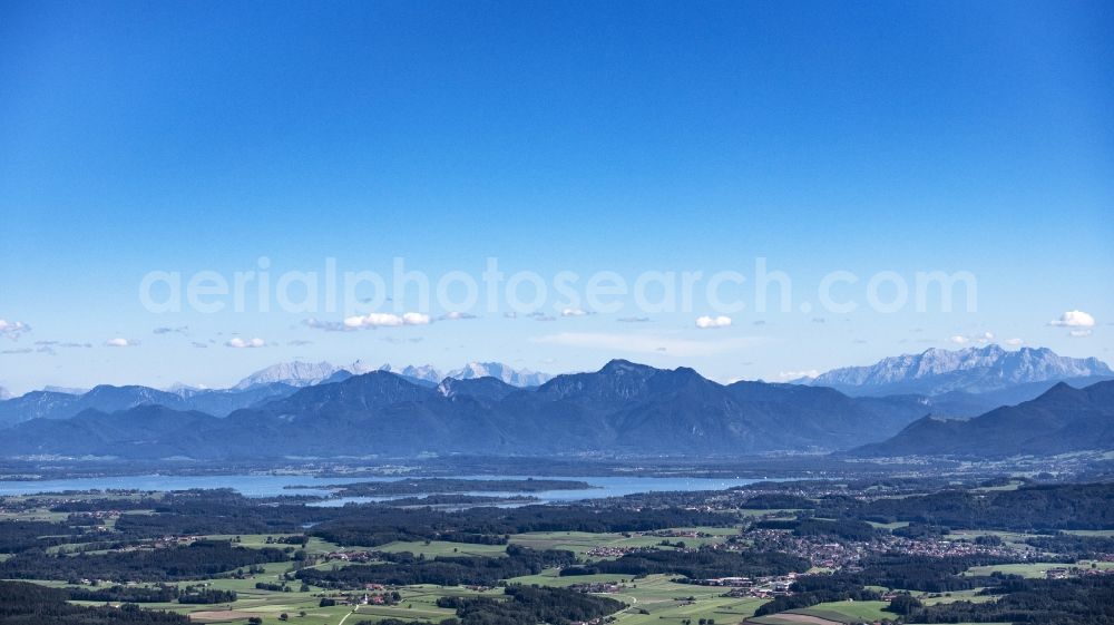 Aerial photograph Halfing - Structures of a field landscape and Wald-Landschaft with Blick ueber den Chiemsee in die Alpen in Halfing in the state Bavaria, Germany