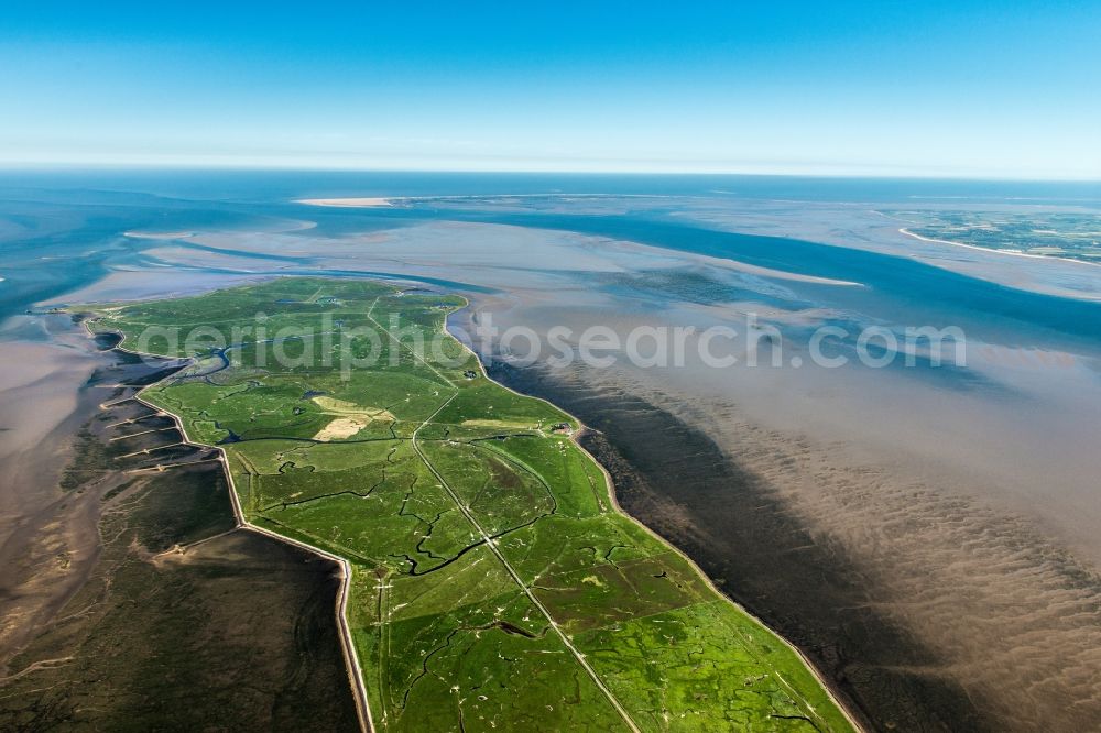 Aerial image Langeneß - Green space structures a Hallig Landscape in Langeness in the state Schleswig-Holstein