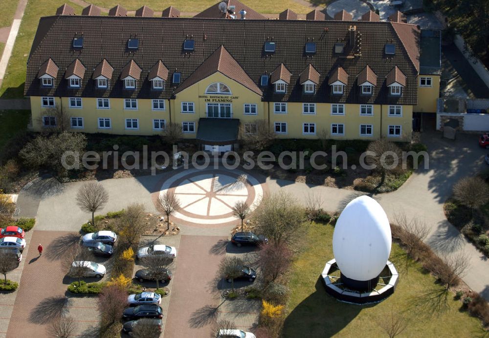 Aerial image Niemegk OT Neuendorf - Blick auf das GreenLine Landhotel Im Fläming. Es wurde 1996 auf einem 32 ha großem Areal erbaut. Es beherbergt auch das dazugehörige Restaurant / Cafe Falkenhof. In der Osterzeit steht vor dem Hotel ein grosses Osterei, welches in den Abendstunden leuchtet. Kontakt: Zum Reiterhof 1, 14823 Niemegk OT Neuendorf, Tel. +49(0)33843 92719 0, Fax +49(0)33843 92719 999, e-mail: info@landhotel-im-flaeming.de