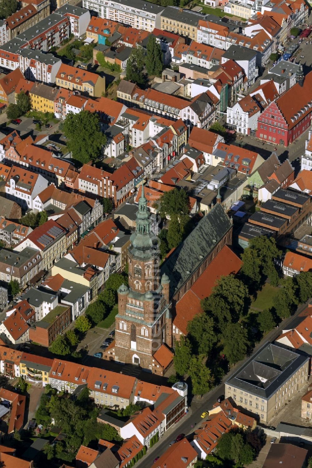 Hansestadt Greifswald from above - Greifswald Cathedral of St. Nikolai - largest church in the town of Greifswald in Mecklenburg-Western Pomerania