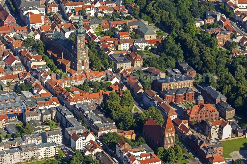 Hansestadt Greifswald from above - Greifswald Cathedral of St. Nikolai - largest church in the town of Greifswald in Mecklenburg-Western Pomerania