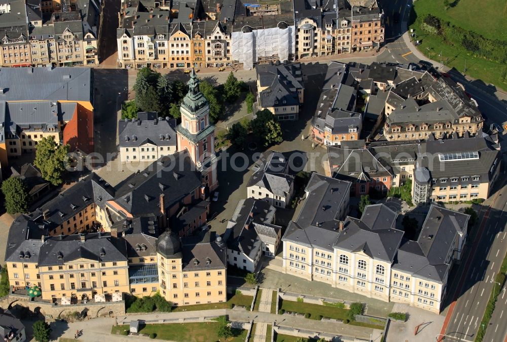 Greiz from above - Greiz in the state of Thuringia with views of the historic Old Town, the Castle Unteres Schloss, St. Marien Church and the city and district library