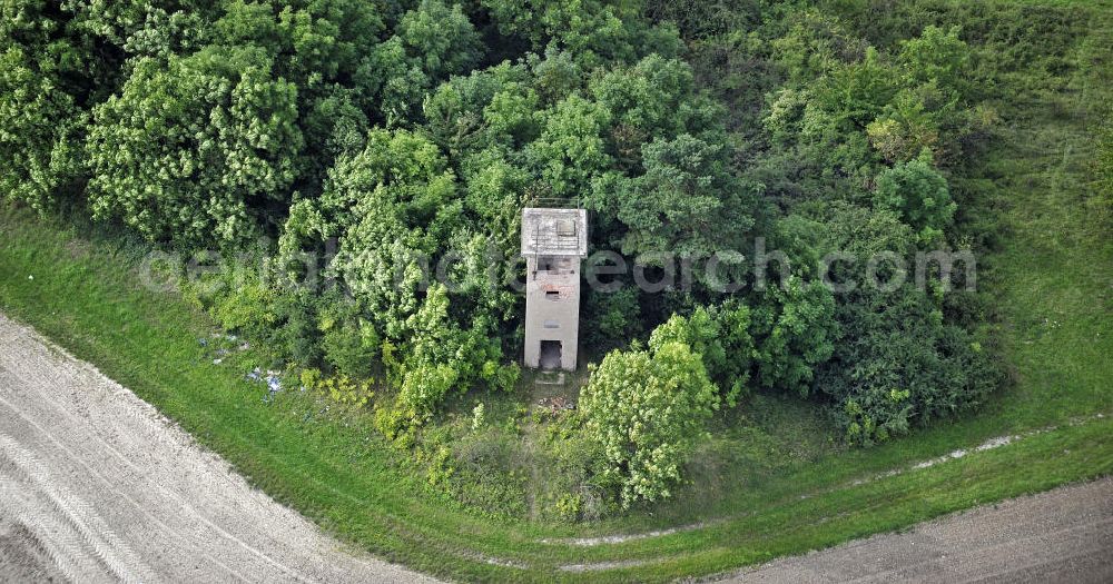 Eisenach from the bird's eye view: Grenzwachturm an der ehemaligen innerdeutschen Grenze in der Nähe von Eisenach. Das Land Thüringen hat zahlreiche Überreste der Grenzanlagen unter Denkmalschutz gestellt. Sentry tower at the former inner-German border near Eisenach. The state of Thuringia has listed many remains of the border.