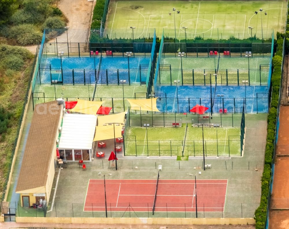 Colonia de Sant Jordi from above - Green blue red-brown colored tennis sports complex Sport Padel Colonia in Colonia de Sant Jordi in Balearische Insel Mallorca, Spain