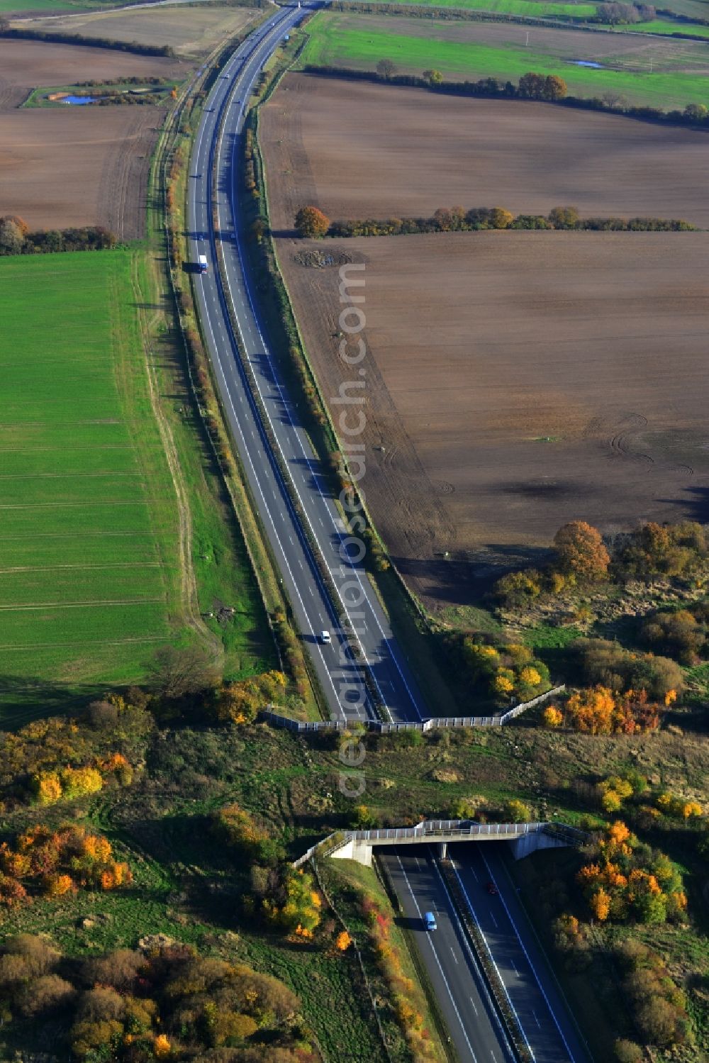 Kublank from above - Green bridge - deer crossing bridge on the motorway A20 at Kublank in the state of Mecklenburg-Western Pomerania