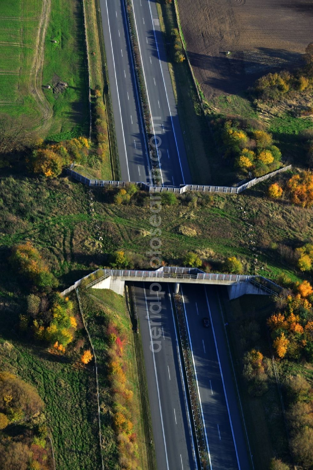 Kublank from the bird's eye view: Green bridge - deer crossing bridge on the motorway A20 at Kublank in the state of Mecklenburg-Western Pomerania