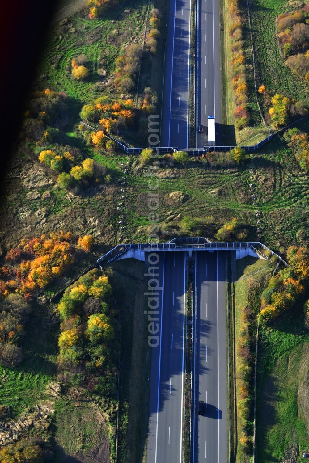 Kublank from above - Green bridge - deer crossing bridge on the motorway A20 at Kublank in the state of Mecklenburg-Western Pomerania