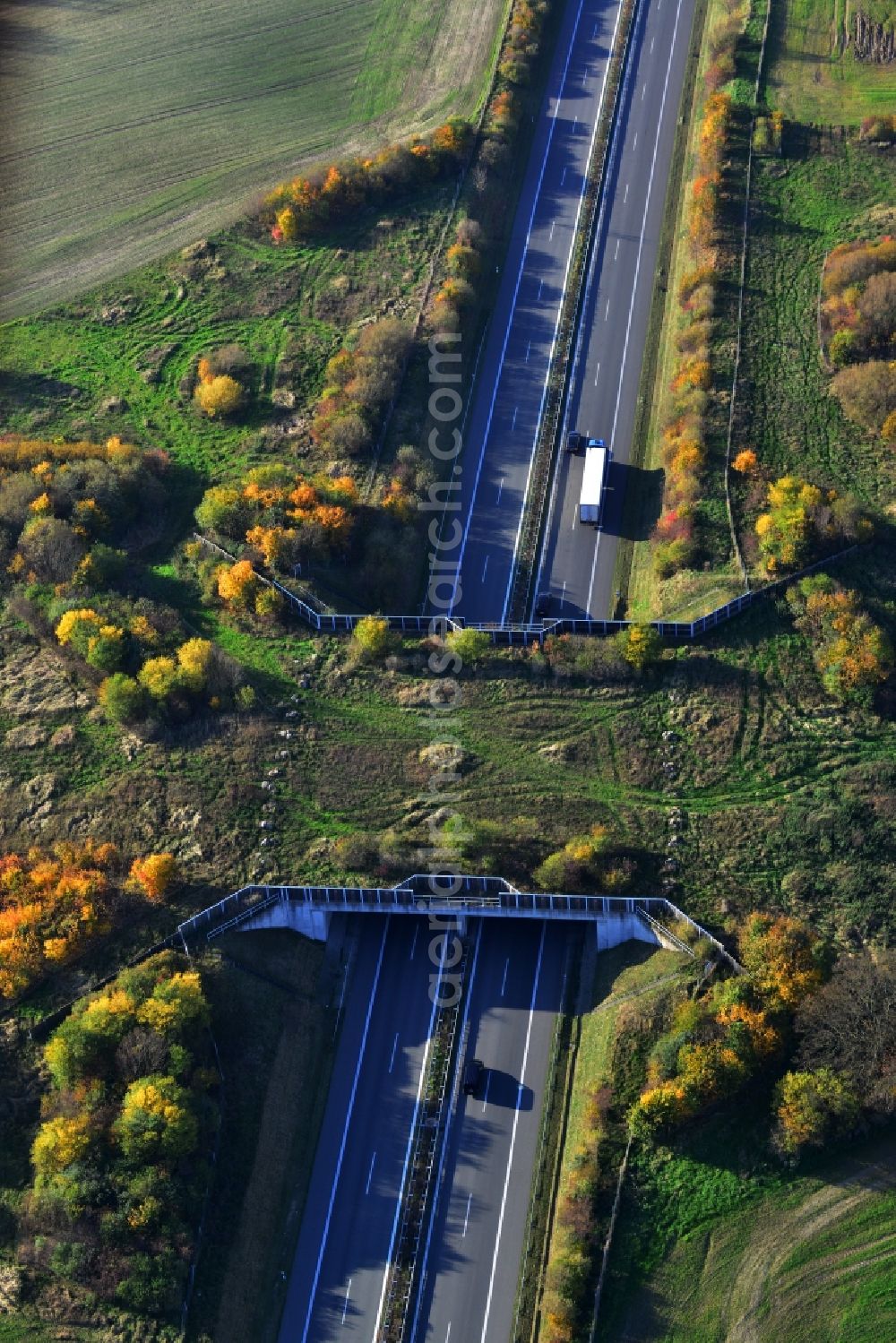 Kublank from the bird's eye view: Green bridge - deer crossing bridge on the motorway A20 at Kublank in the state of Mecklenburg-Western Pomerania