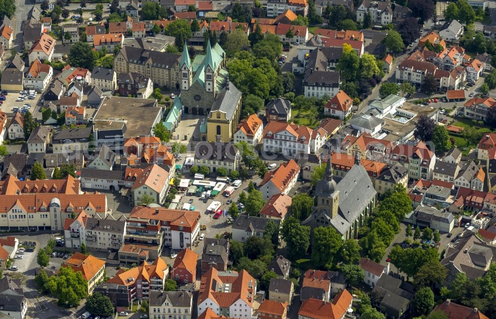 Werl from above - Green, copper-studded towers of the church hall church of St. Walburga - a neo-romantic pilgrimage basilica in Werl in the state of North Rhine-Westphalia