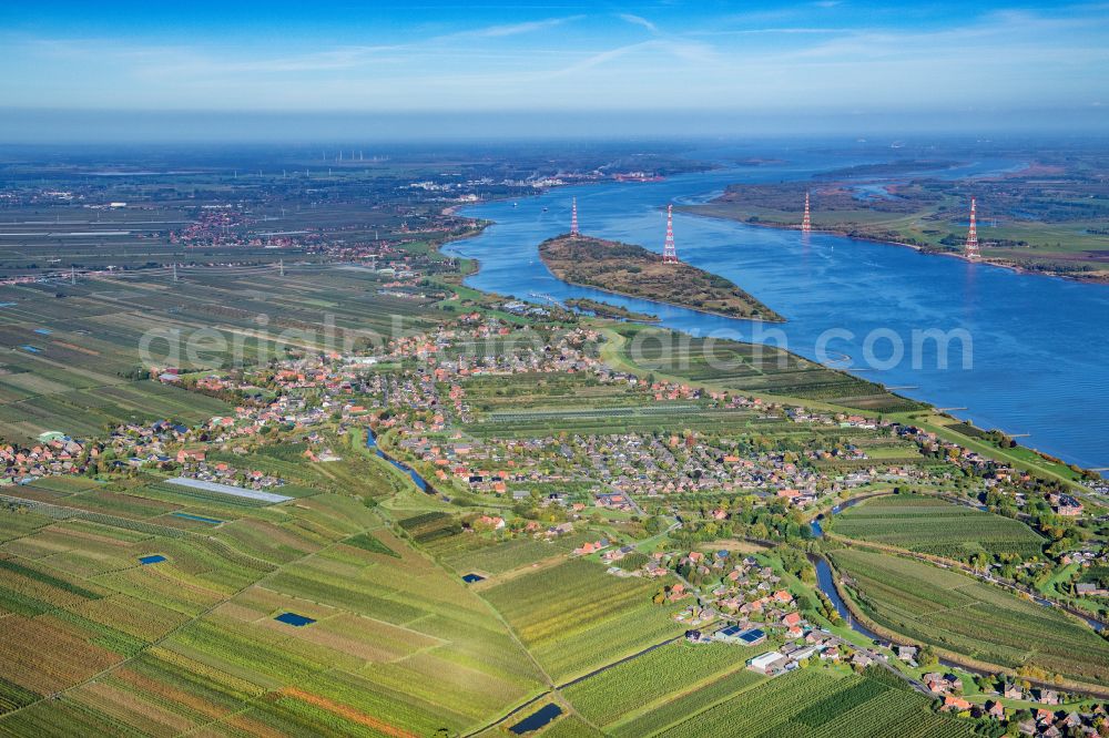 Jork from above - Location in the fruit growing area Altes Land Gruenendeich Luehe in the state Niedersachsen, Germany