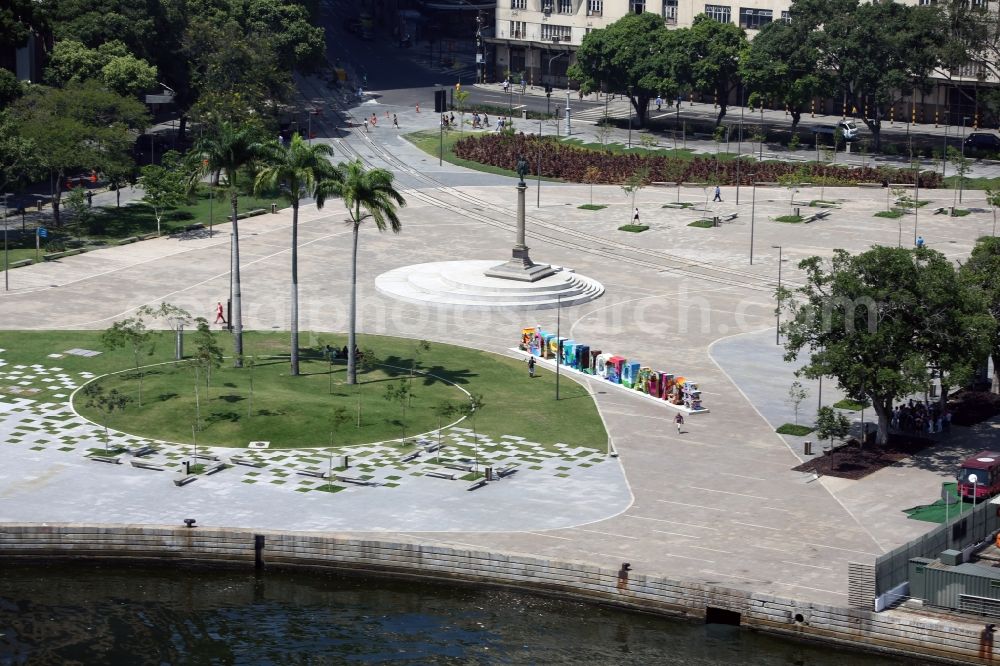Aerial photograph Rio de Janeiro - Uppercase lettering # cidadeolimpica on the grounds of the Olympic Park before the summer playing games of XXXI. Olympics in Rio de Janeiro in Rio de Janeiro, Brazil